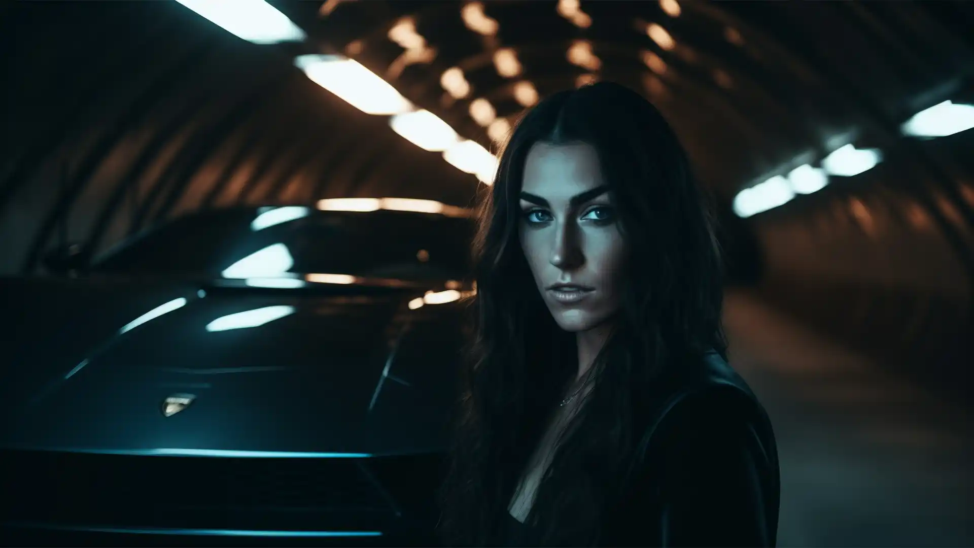 Cinematic shot of a fierce woman in black with flowing hair, standing in front of a black Lamborghini in a tunnel.