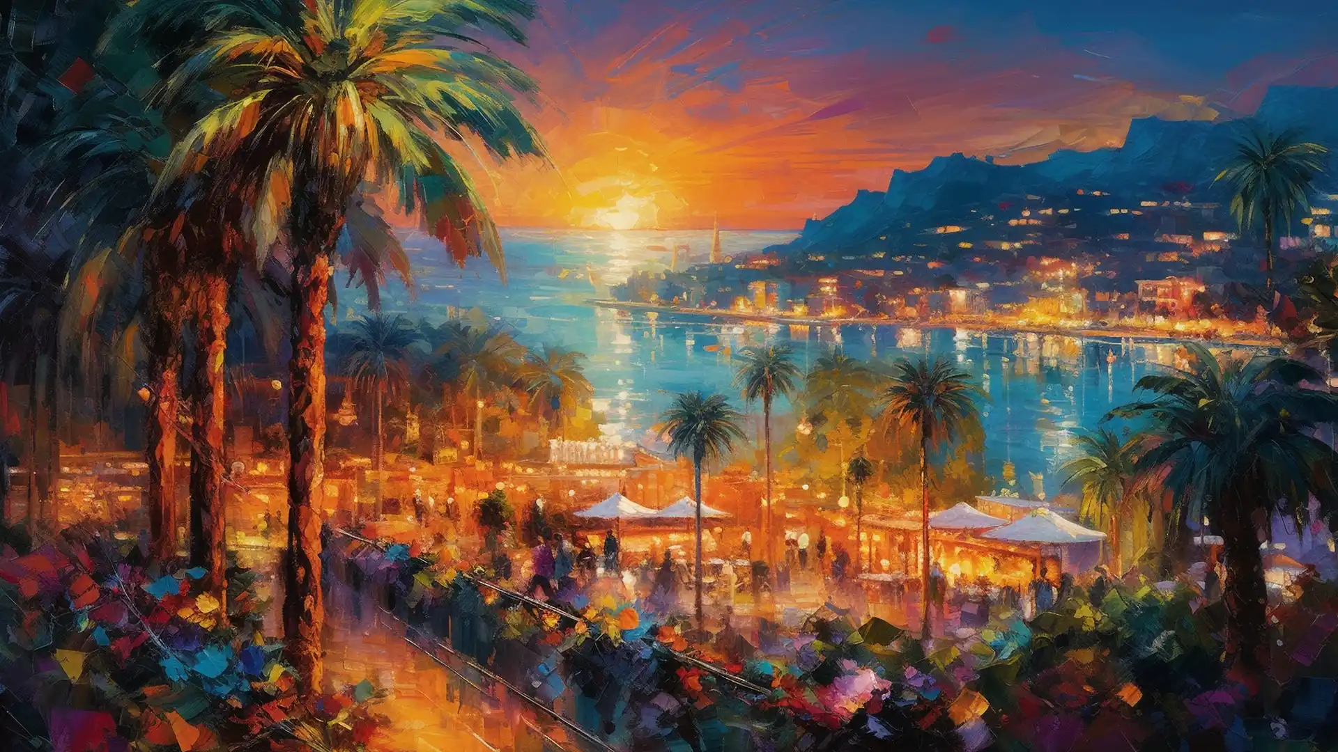 Vibrant scene of dancing people against a backdrop of the Turkish Riviera, palm trees, and a serene coastline, illuminated by multicolored lights.