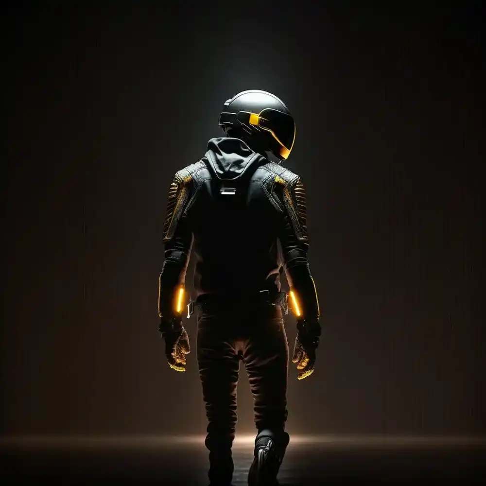 Artist in helmet standing in front of a dark room in steampunk-inspired documentary style.