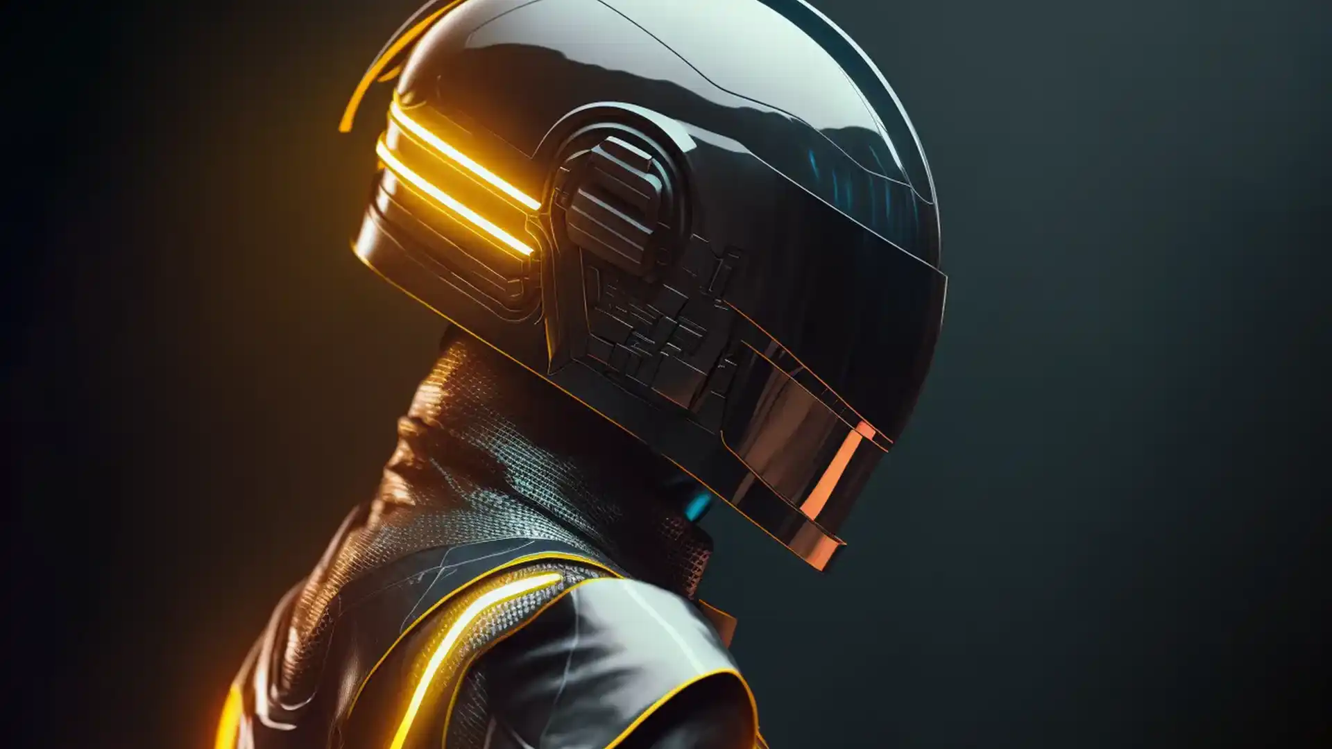 Artist wearing helmet with neon lights in Vray-traced outrun style.