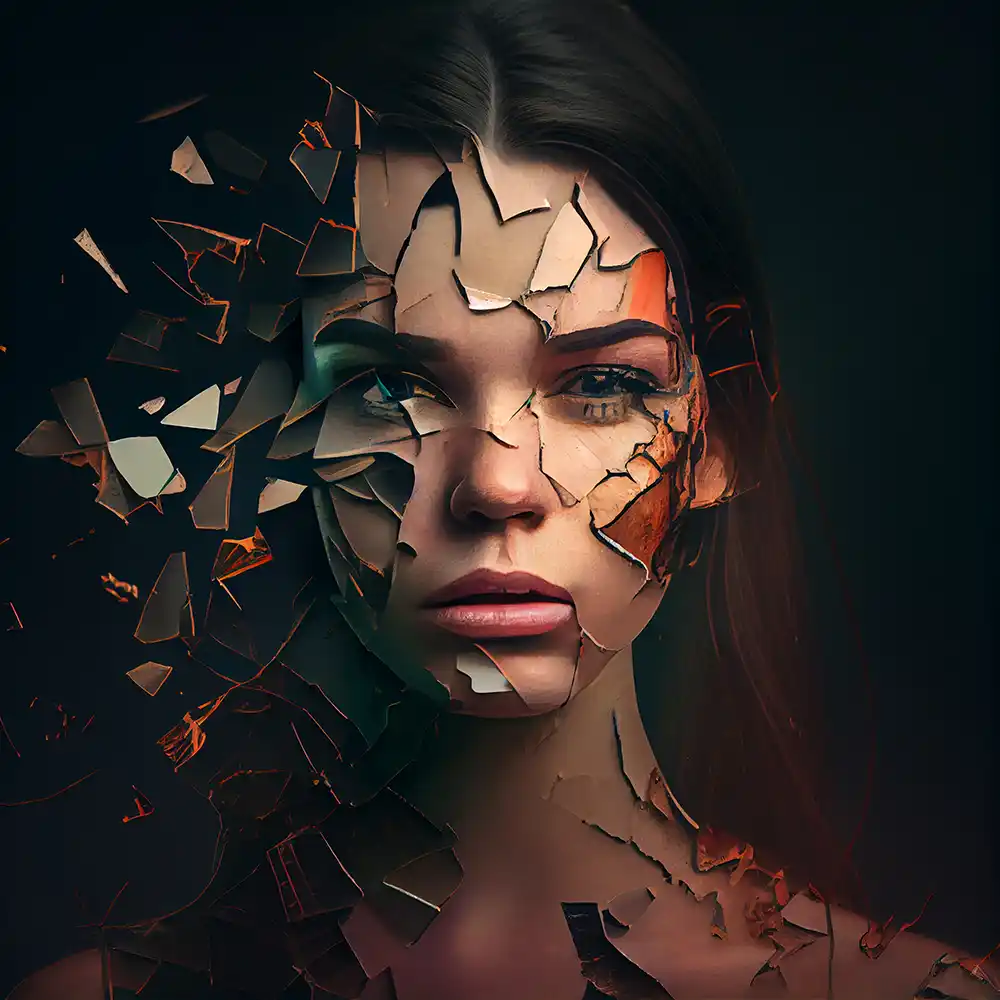 Shattered Beauty - Explosive cover art featuring a fragmented female face for the song