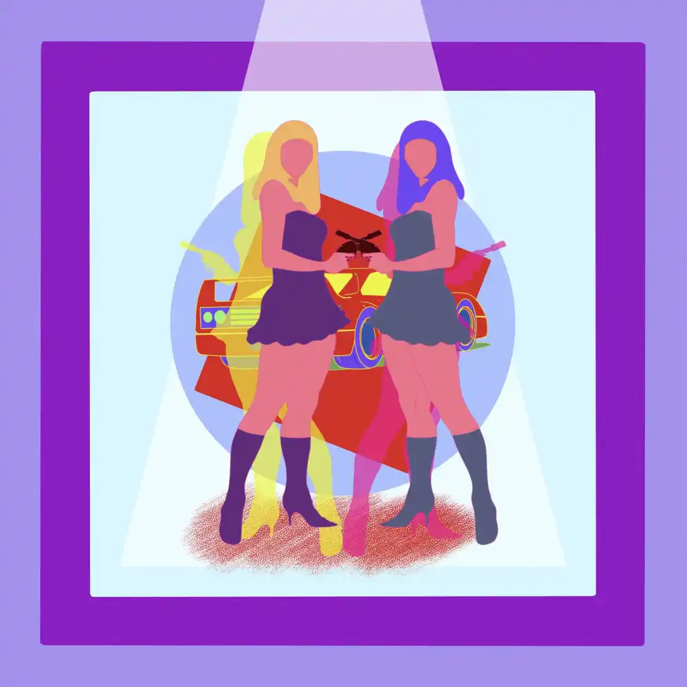Cover art featuring two women in a colorful animation style with dark purple and pink hues. The illustration exudes an action-packed cartoon vibe with simple yet vibrant and colorful imagery.