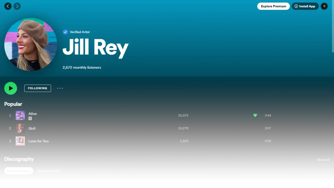 Screenshot of Jill Rey's Spotify Artist Page.