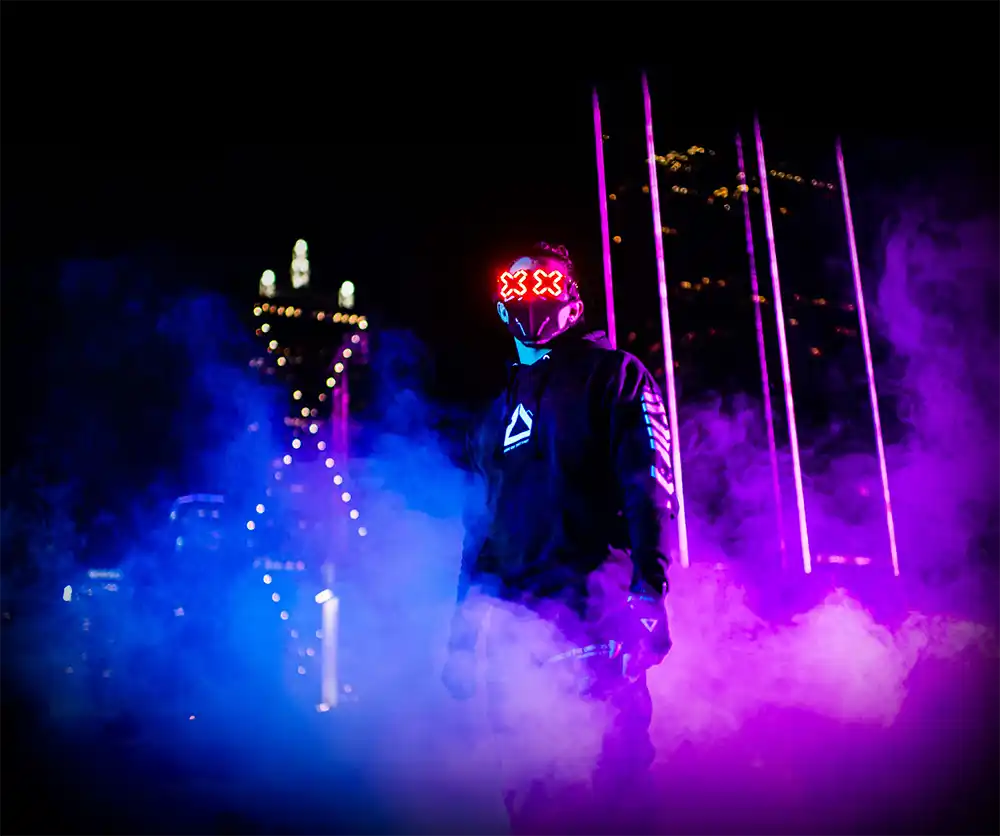 RadWulf in a captivating synthwave-style photoshoot, exuding confidence with glowing eyes.