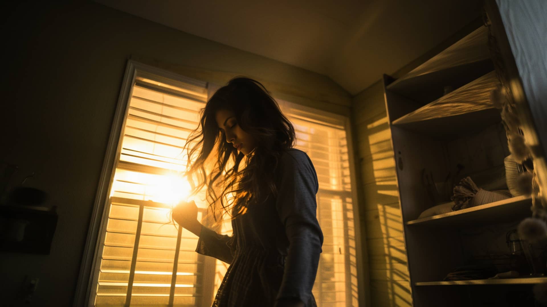 Woman with Long Black Hair in Room with Sunset Through Window