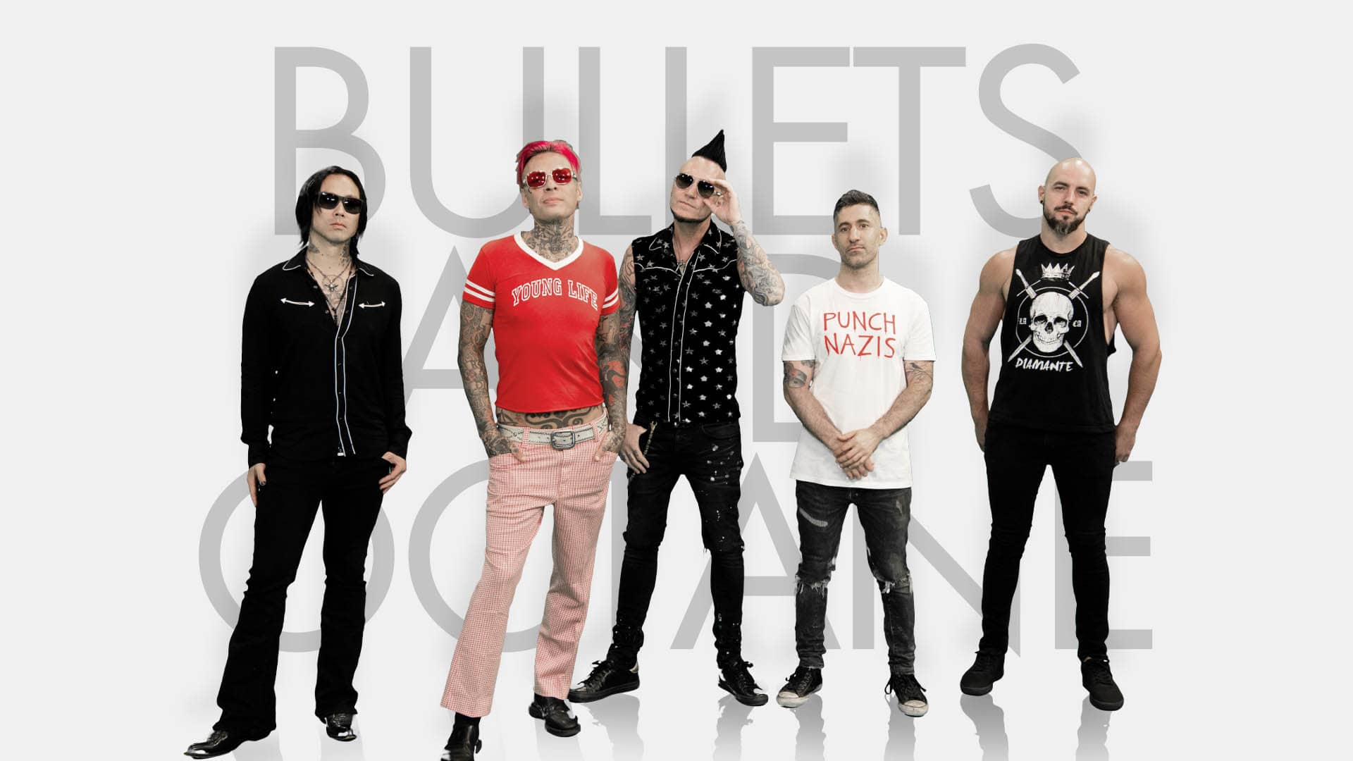 Rock band Bullets And Octane posing against a white background with their band name in large letters.