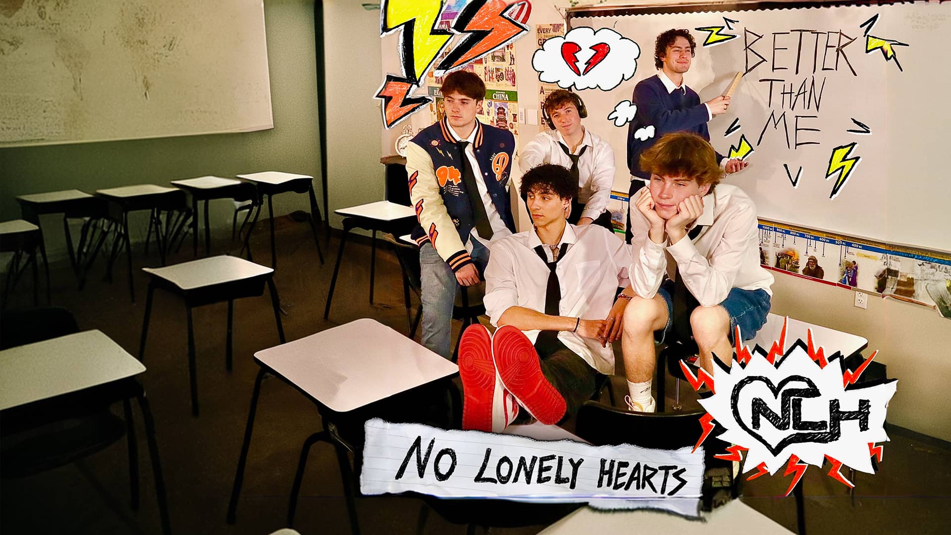 Band members of No Lonely Hearts posing in a classroom with 'Better Than Me' doodles.