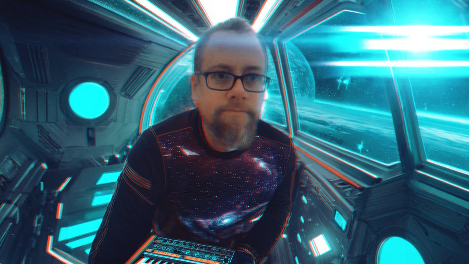 Artist ProjectP in a space-themed outfit inside a futuristic cockpit.